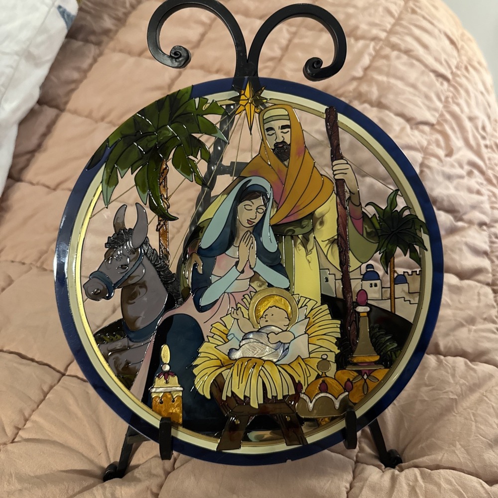 Vtg Rare Handpainted Joan Baker Design Circular Stained Glass Nativity Religious